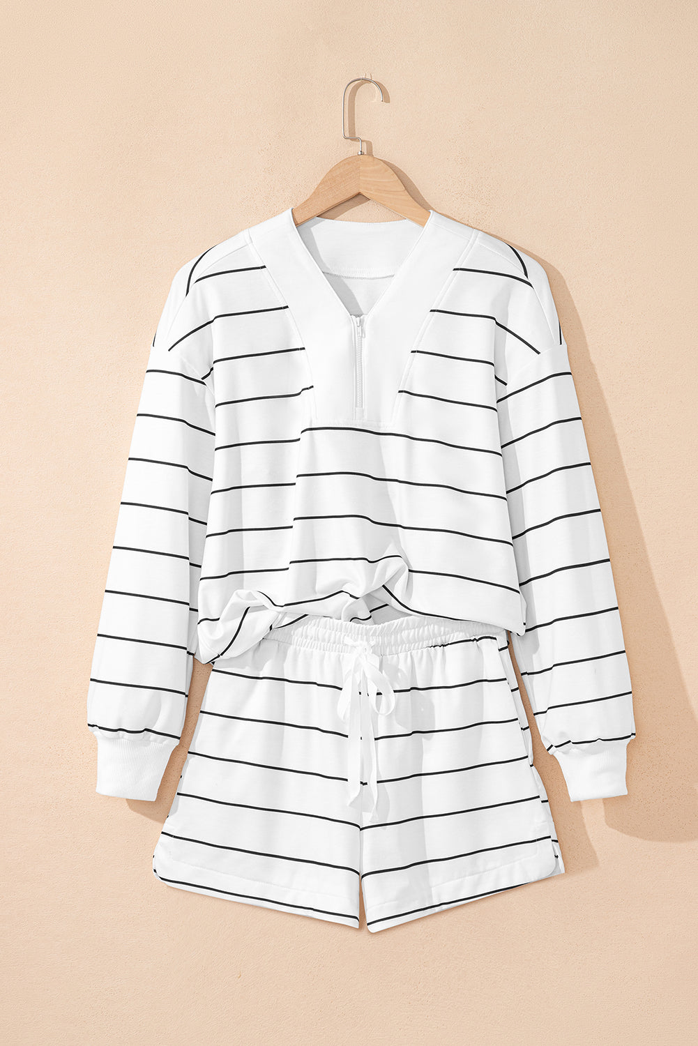 White Stripe Zip up Drop Shoulder Pullover and Short 2pcs Outfit